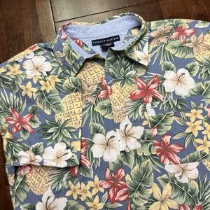 Vtg Tommy Bahama Button Up Hawaiian Aloha Pocket Shirt Large Flower Tropical‎